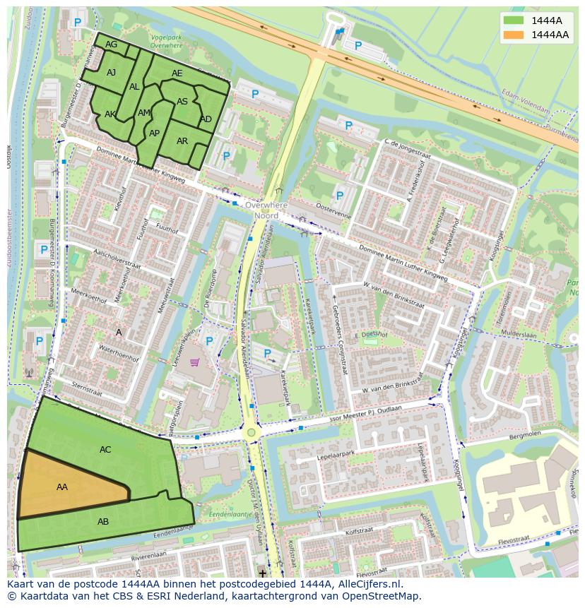 Afbeelding van het postcodegebied 1444 AA op de kaart.