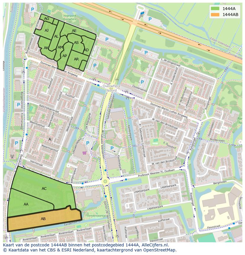 Afbeelding van het postcodegebied 1444 AB op de kaart.