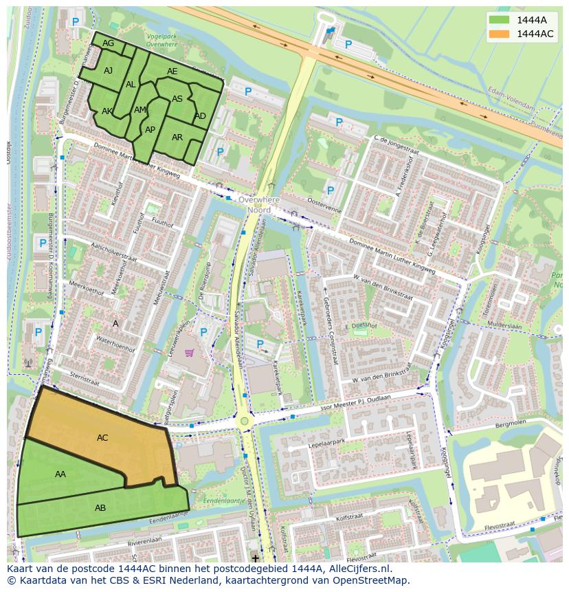 Afbeelding van het postcodegebied 1444 AC op de kaart.