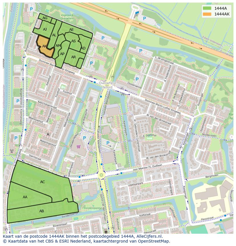 Afbeelding van het postcodegebied 1444 AK op de kaart.