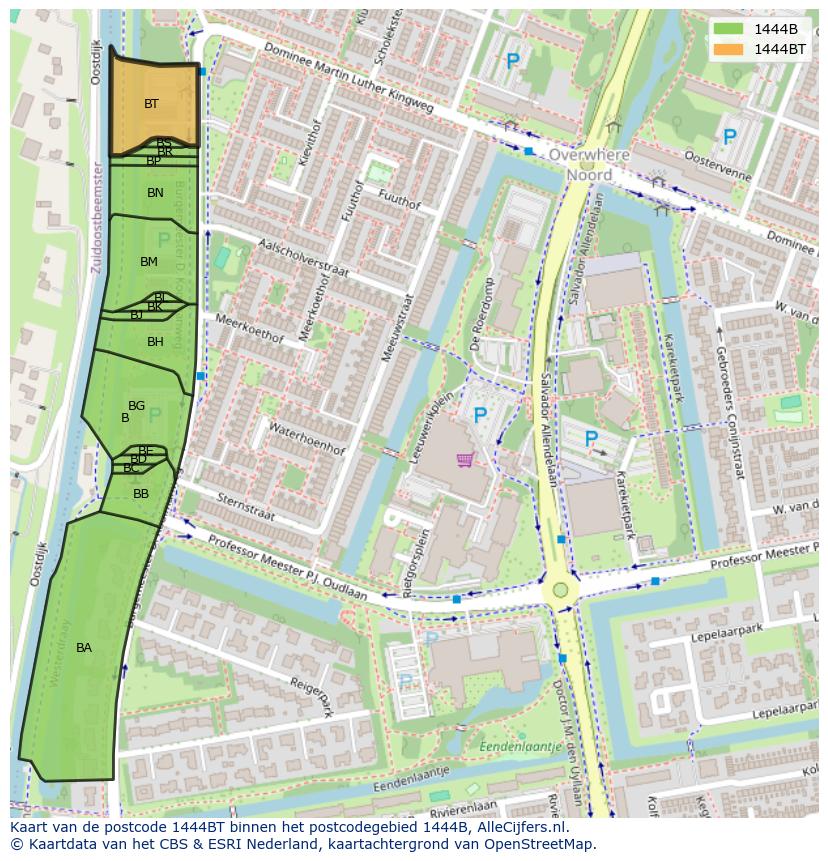 Afbeelding van het postcodegebied 1444 BT op de kaart.
