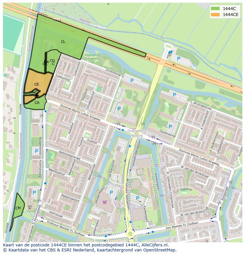 Afbeelding van het postcodegebied 1444 CE op de kaart.