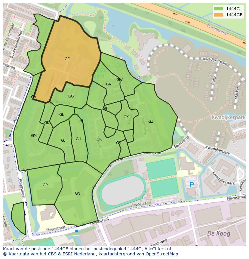 Afbeelding van het postcodegebied 1444 GE op de kaart.
