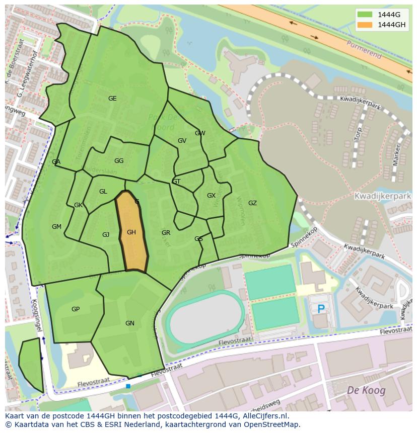 Afbeelding van het postcodegebied 1444 GH op de kaart.