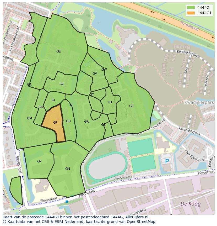 Afbeelding van het postcodegebied 1444 GJ op de kaart.