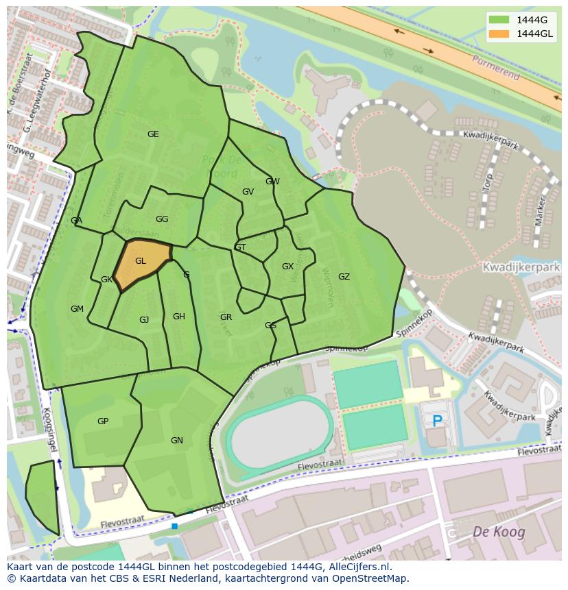 Afbeelding van het postcodegebied 1444 GL op de kaart.