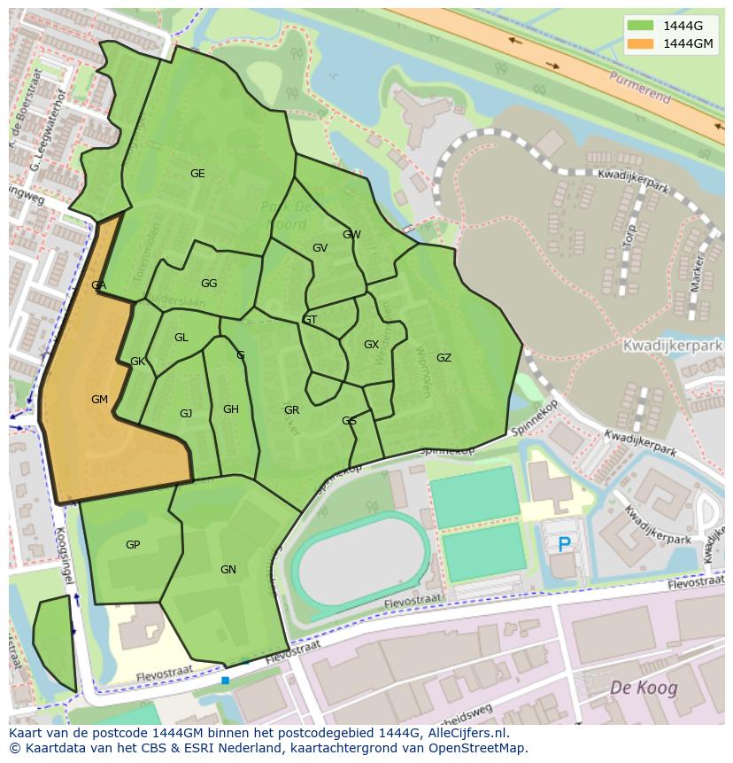 Afbeelding van het postcodegebied 1444 GM op de kaart.