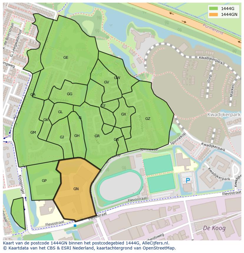 Afbeelding van het postcodegebied 1444 GN op de kaart.