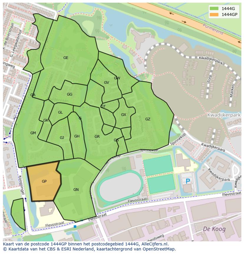 Afbeelding van het postcodegebied 1444 GP op de kaart.