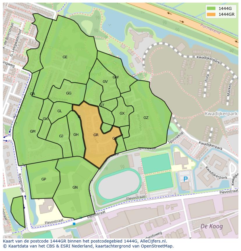 Afbeelding van het postcodegebied 1444 GR op de kaart.