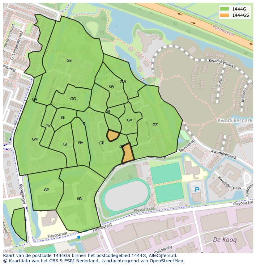 Afbeelding van het postcodegebied 1444 GS op de kaart.