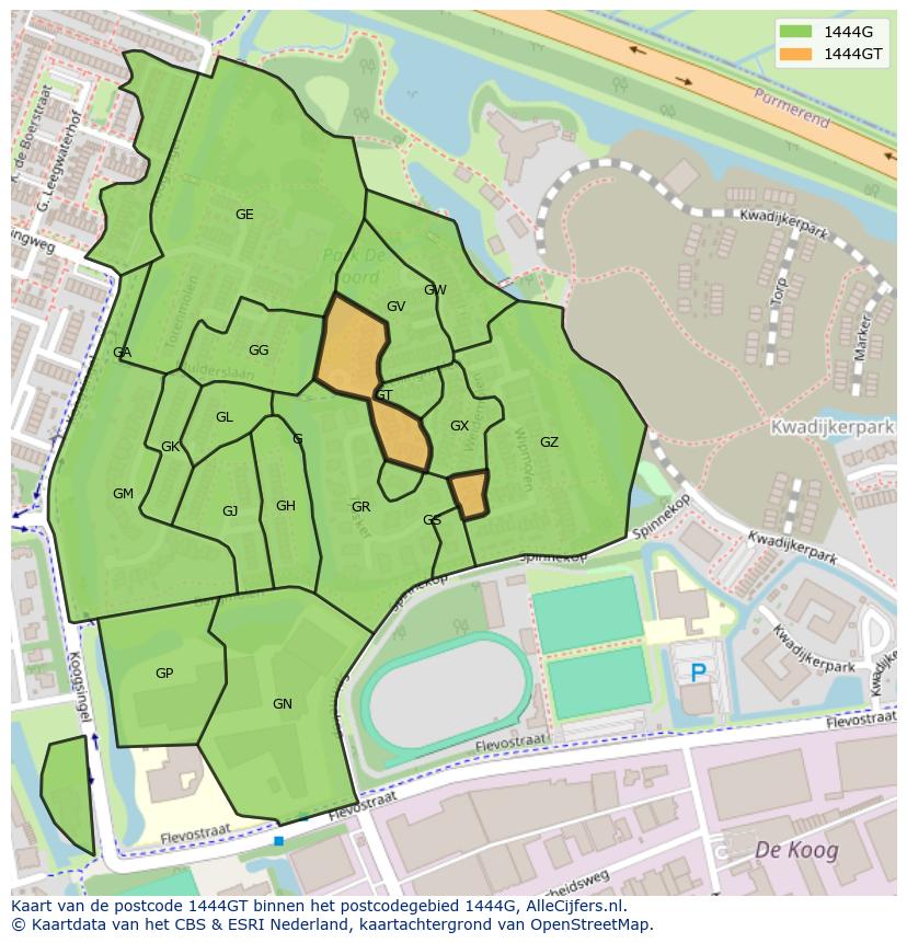Afbeelding van het postcodegebied 1444 GT op de kaart.