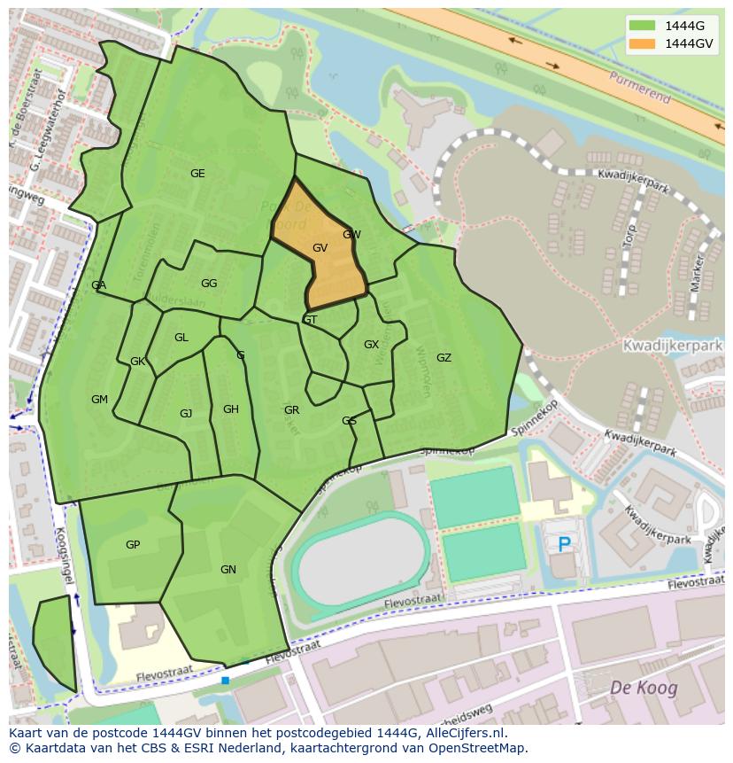 Afbeelding van het postcodegebied 1444 GV op de kaart.