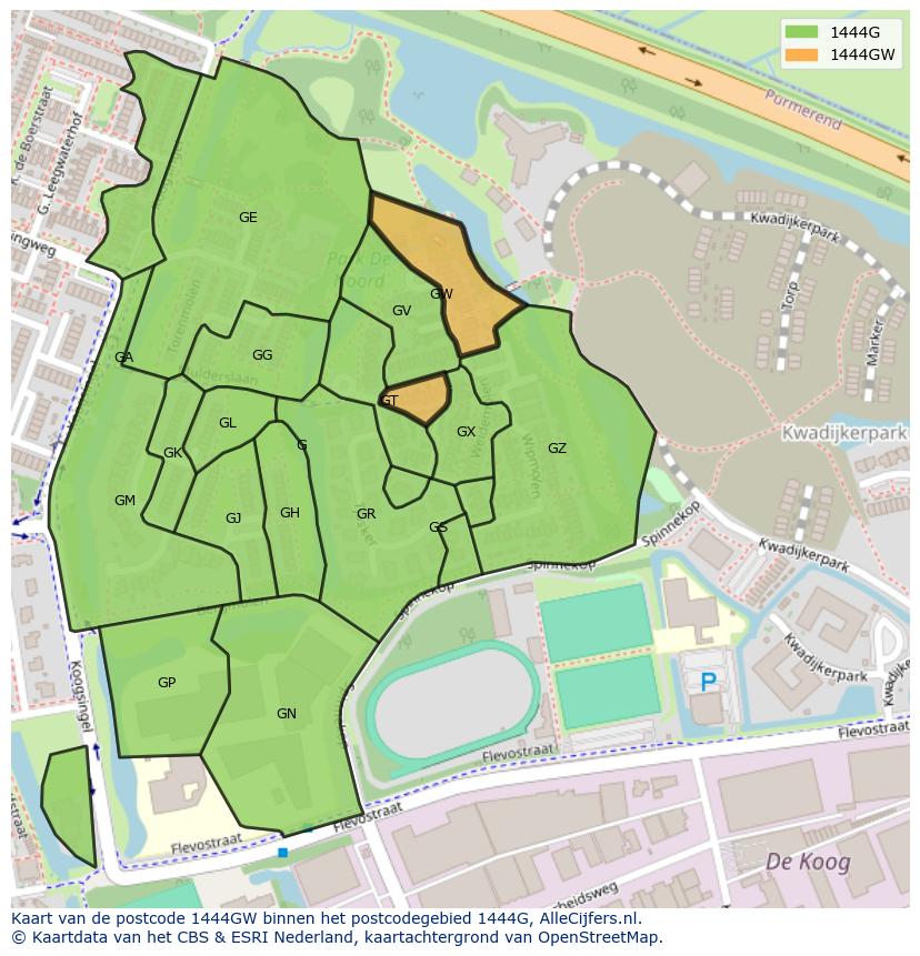 Afbeelding van het postcodegebied 1444 GW op de kaart.