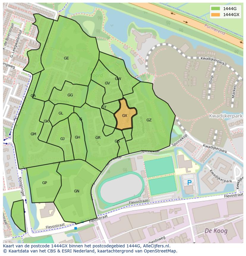 Afbeelding van het postcodegebied 1444 GX op de kaart.