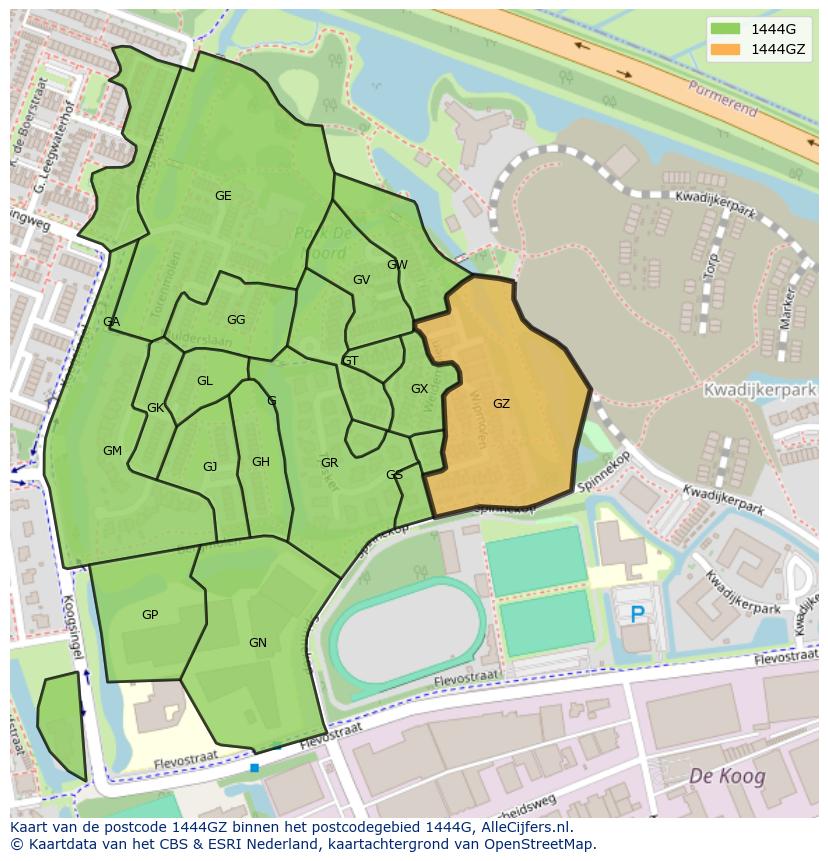 Afbeelding van het postcodegebied 1444 GZ op de kaart.