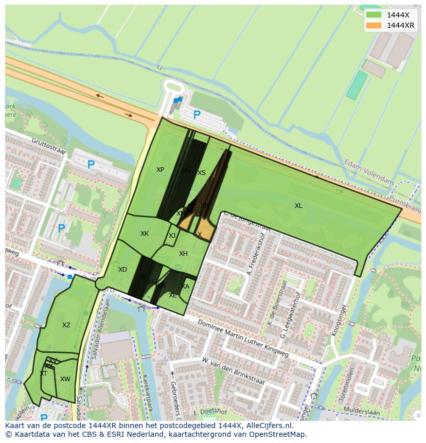 Afbeelding van het postcodegebied 1444 XR op de kaart.