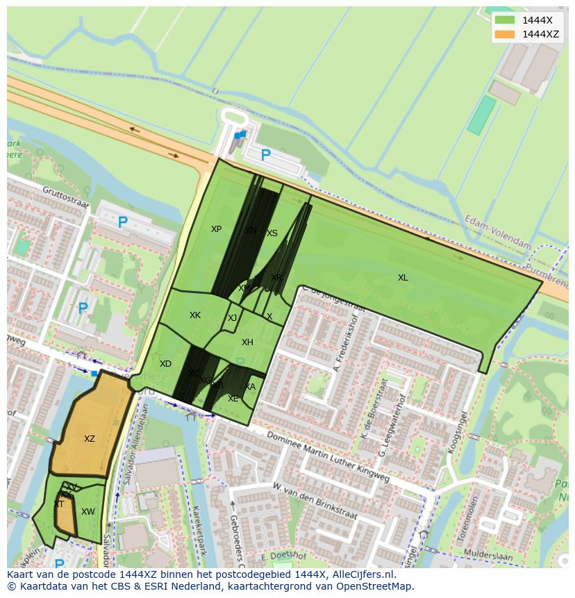 Afbeelding van het postcodegebied 1444 XZ op de kaart.