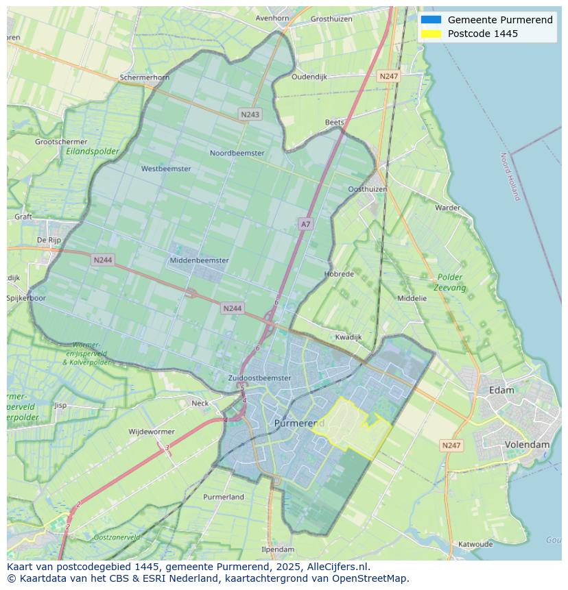 Afbeelding van het postcodegebied 1445 op de kaart.