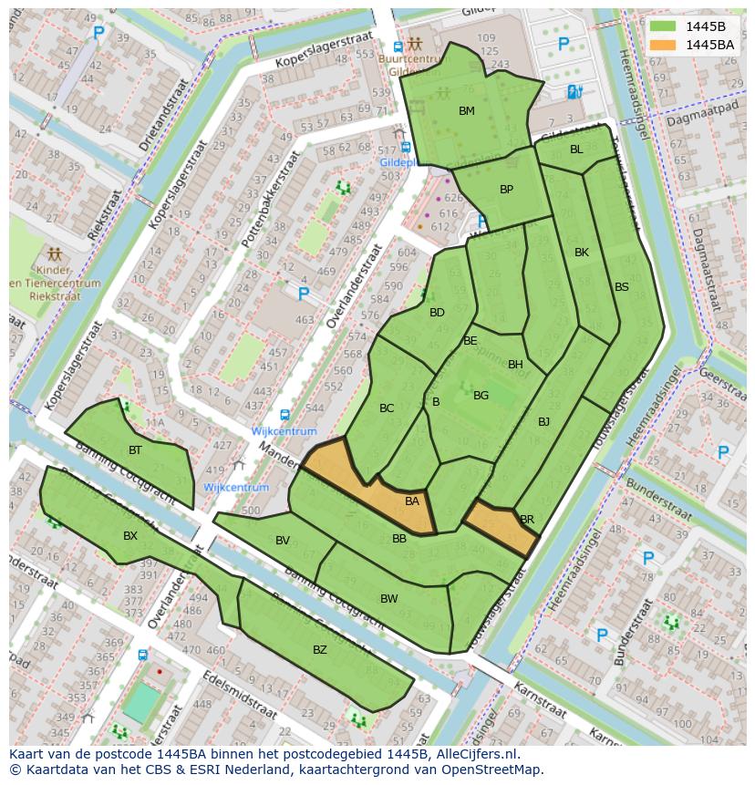 Afbeelding van het postcodegebied 1445 BA op de kaart.