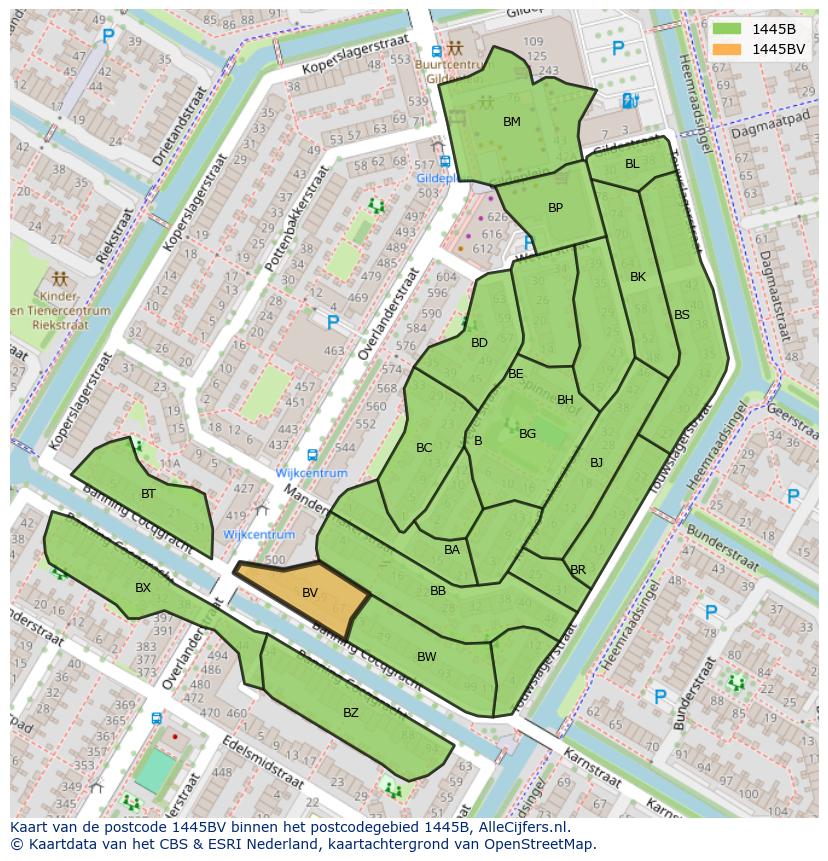 Afbeelding van het postcodegebied 1445 BV op de kaart.