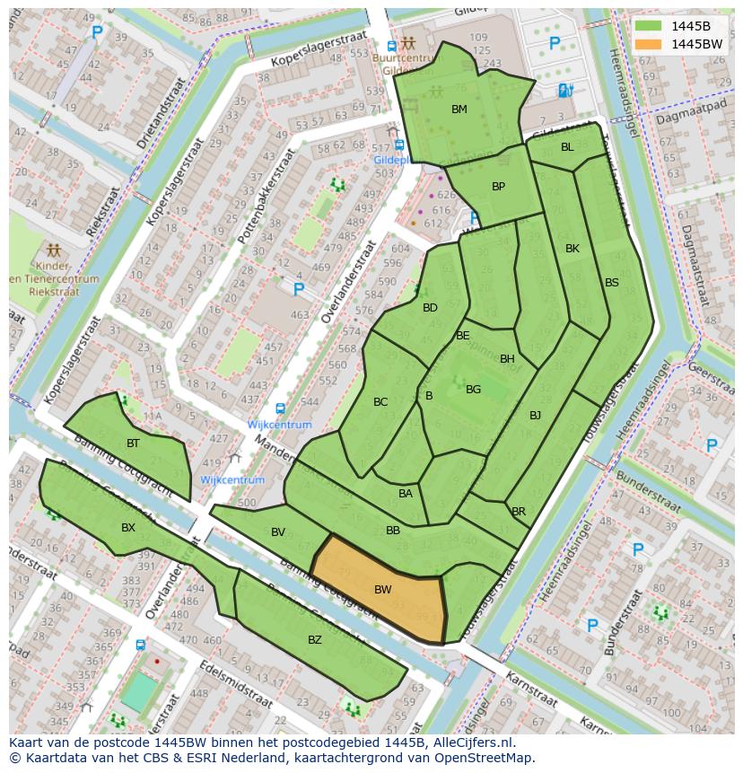Afbeelding van het postcodegebied 1445 BW op de kaart.
