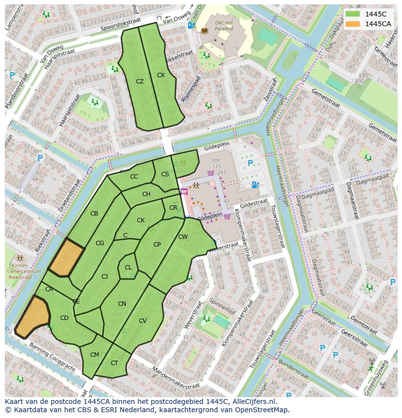 Afbeelding van het postcodegebied 1445 CA op de kaart.