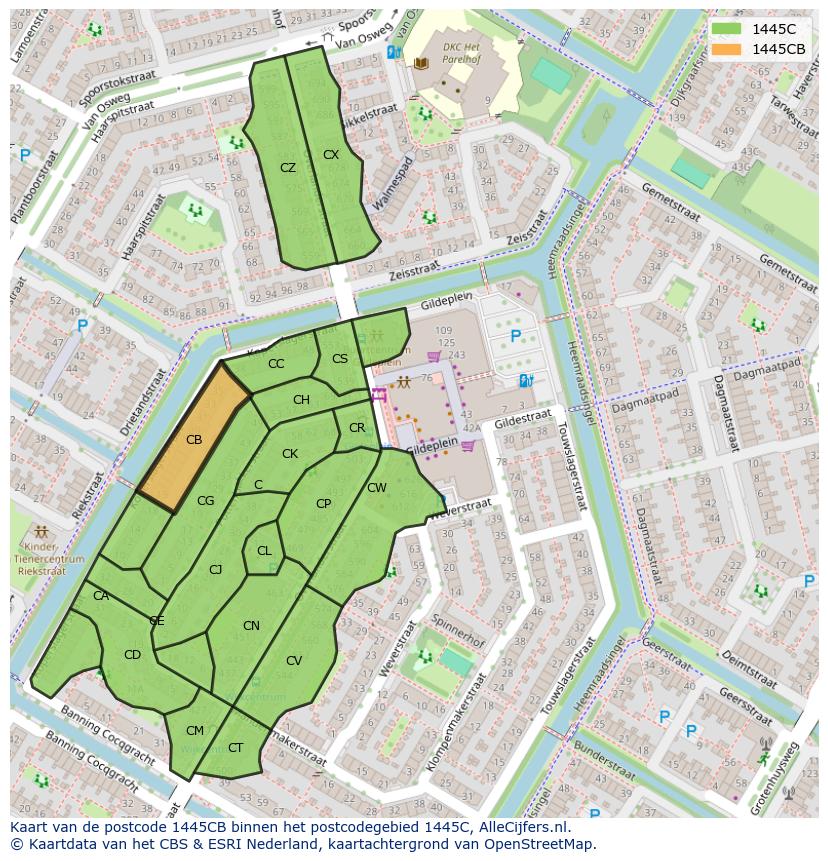 Afbeelding van het postcodegebied 1445 CB op de kaart.