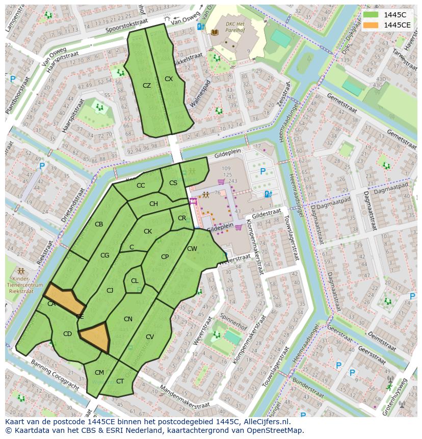 Afbeelding van het postcodegebied 1445 CE op de kaart.