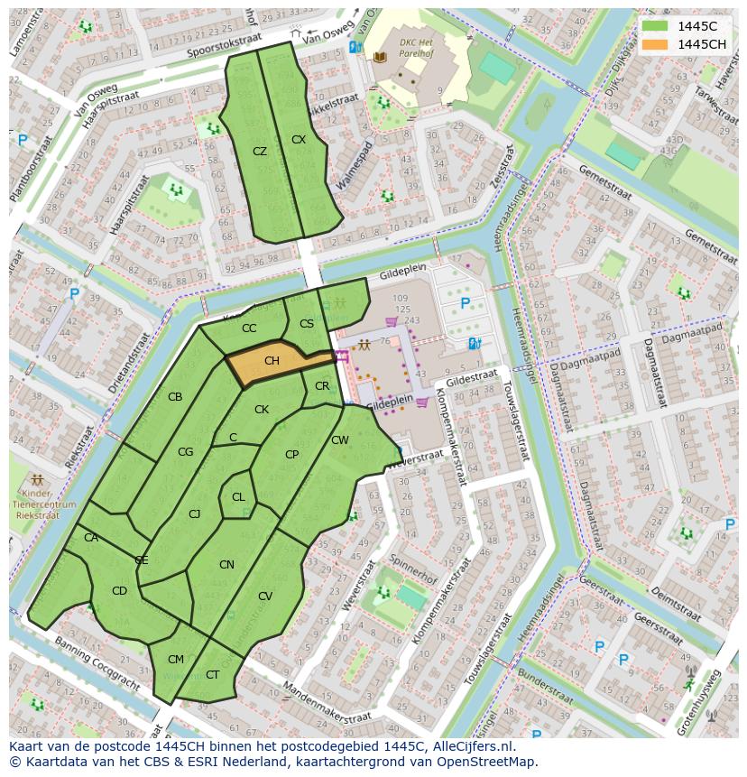Afbeelding van het postcodegebied 1445 CH op de kaart.
