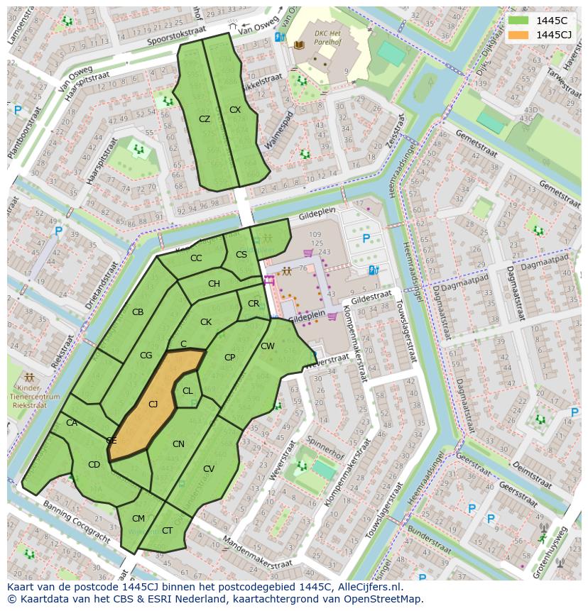 Afbeelding van het postcodegebied 1445 CJ op de kaart.