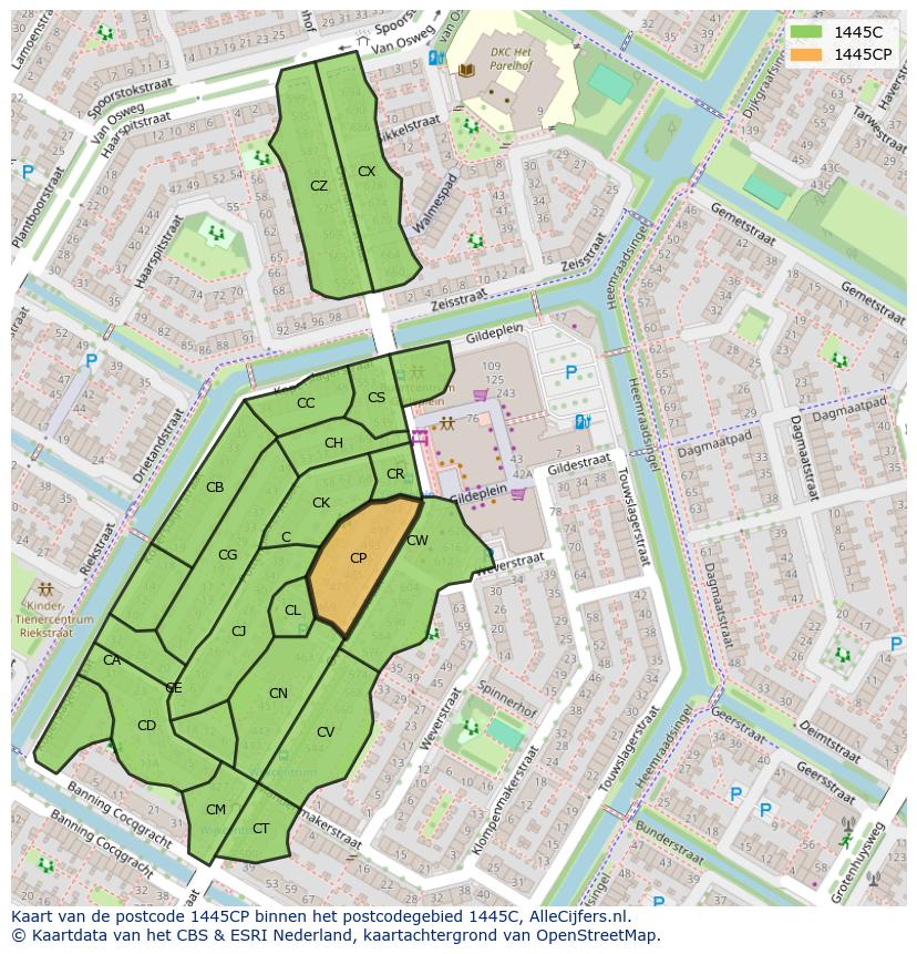 Afbeelding van het postcodegebied 1445 CP op de kaart.