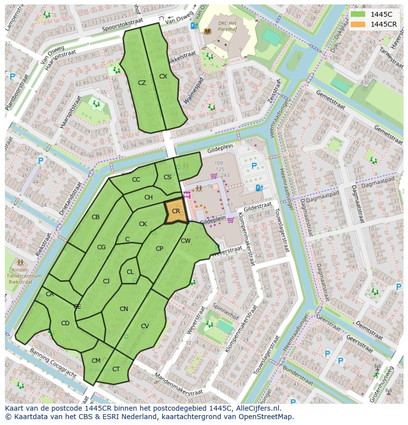 Afbeelding van het postcodegebied 1445 CR op de kaart.