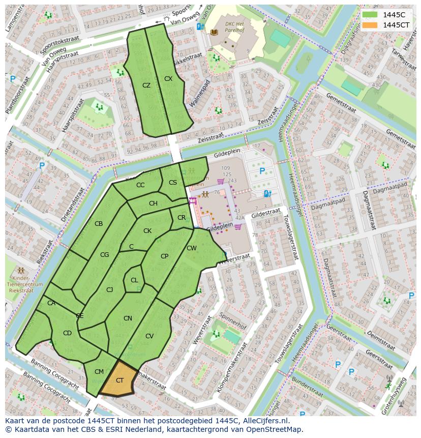 Afbeelding van het postcodegebied 1445 CT op de kaart.
