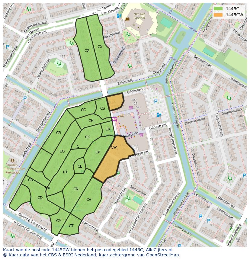 Afbeelding van het postcodegebied 1445 CW op de kaart.