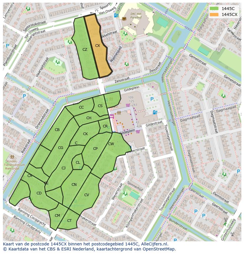 Afbeelding van het postcodegebied 1445 CX op de kaart.