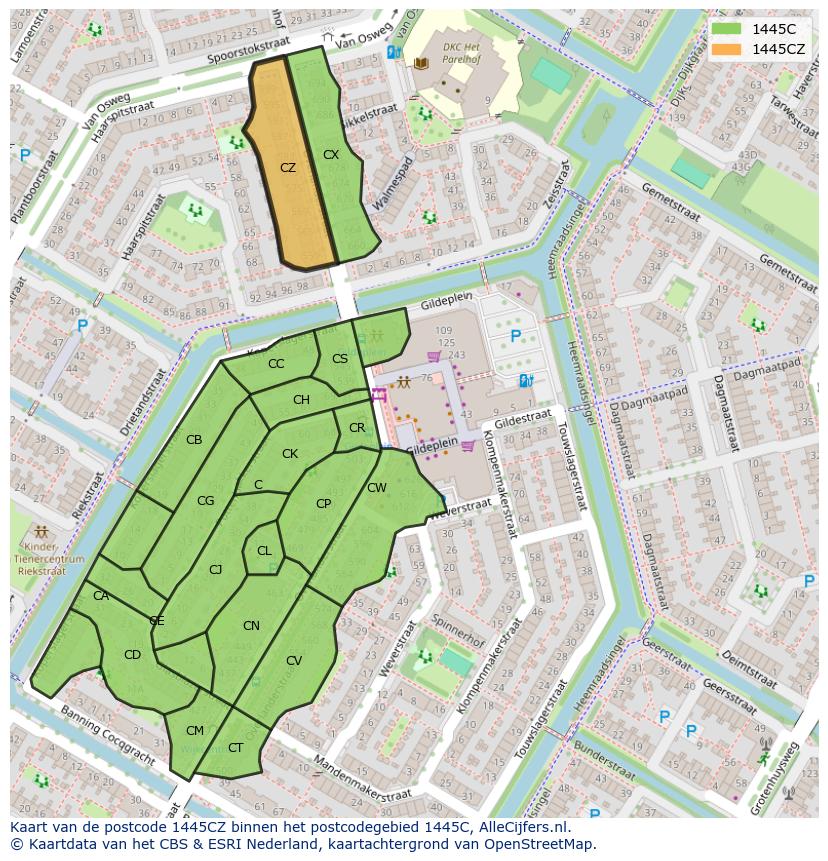 Afbeelding van het postcodegebied 1445 CZ op de kaart.