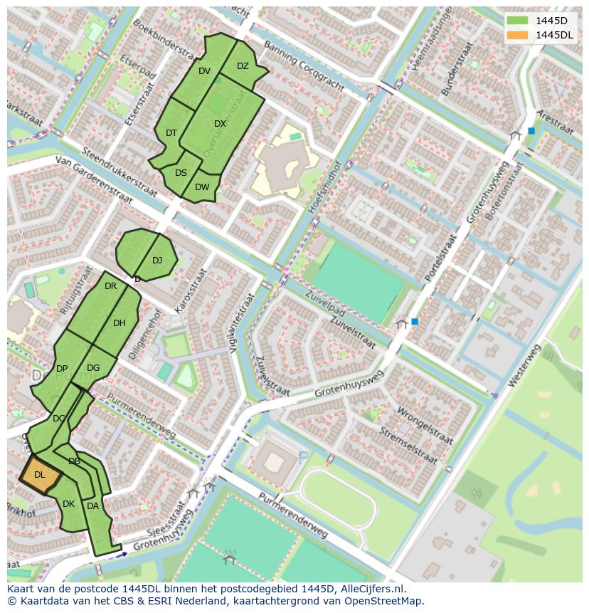 Afbeelding van het postcodegebied 1445 DL op de kaart.