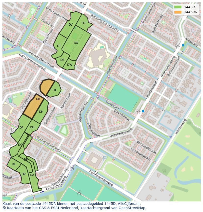 Afbeelding van het postcodegebied 1445 DR op de kaart.