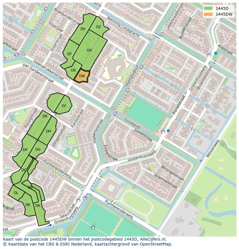 Afbeelding van het postcodegebied 1445 DW op de kaart.