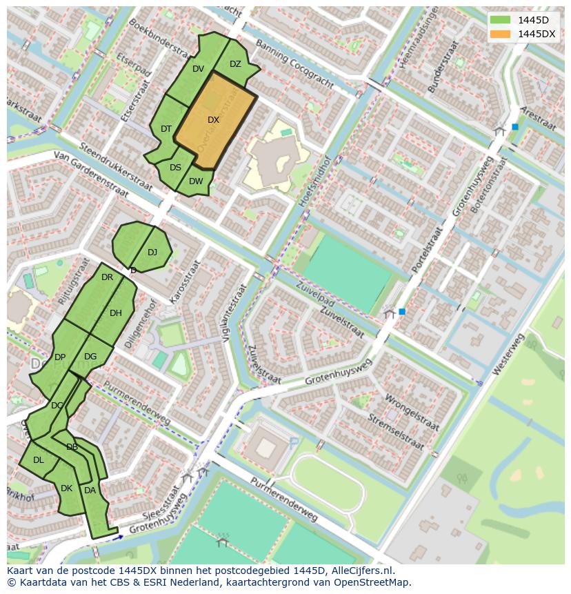 Afbeelding van het postcodegebied 1445 DX op de kaart.
