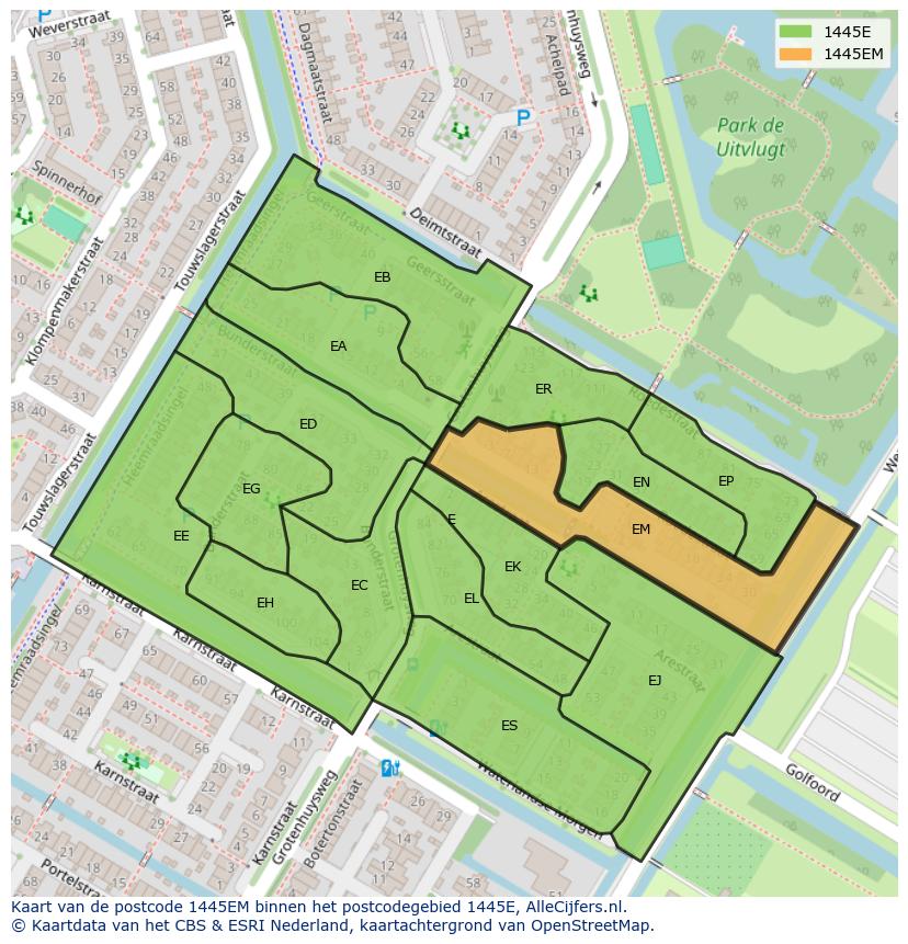 Afbeelding van het postcodegebied 1445 EM op de kaart.