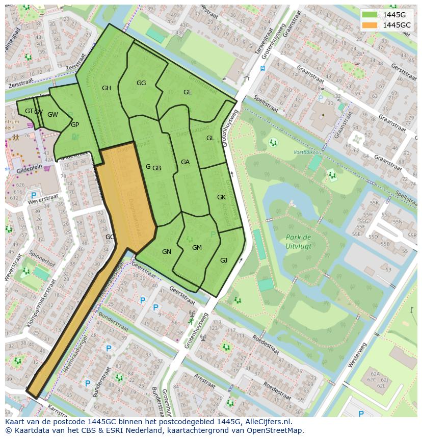 Afbeelding van het postcodegebied 1445 GC op de kaart.