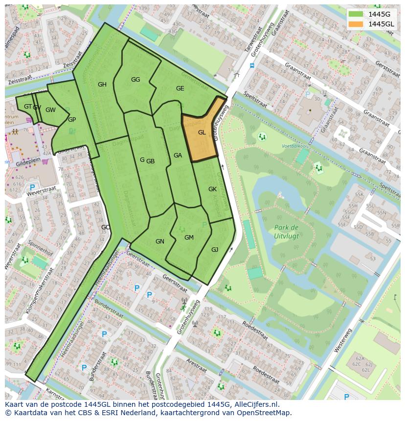 Afbeelding van het postcodegebied 1445 GL op de kaart.