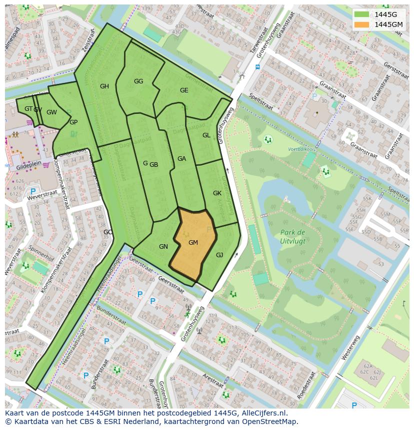 Afbeelding van het postcodegebied 1445 GM op de kaart.