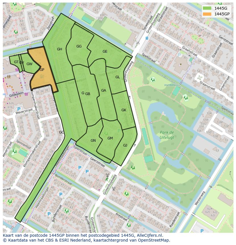Afbeelding van het postcodegebied 1445 GP op de kaart.