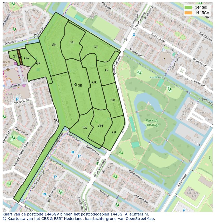 Afbeelding van het postcodegebied 1445 GV op de kaart.