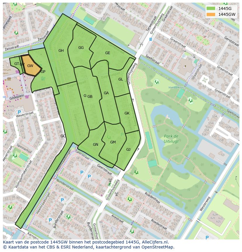 Afbeelding van het postcodegebied 1445 GW op de kaart.