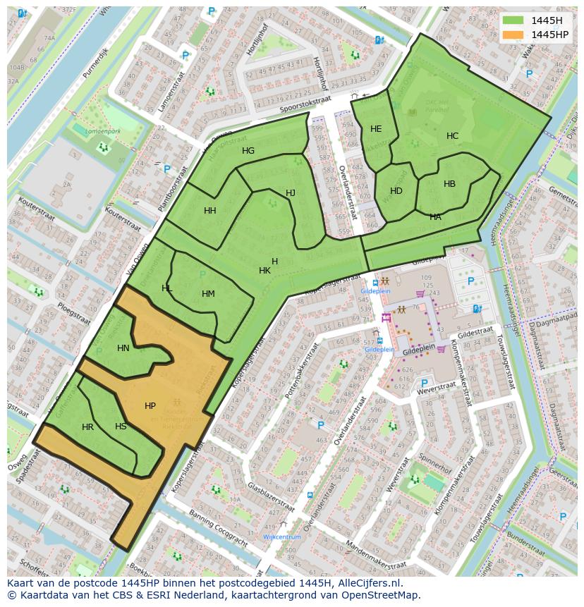Afbeelding van het postcodegebied 1445 HP op de kaart.