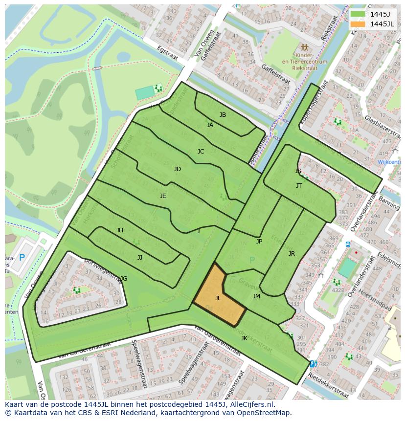 Afbeelding van het postcodegebied 1445 JL op de kaart.